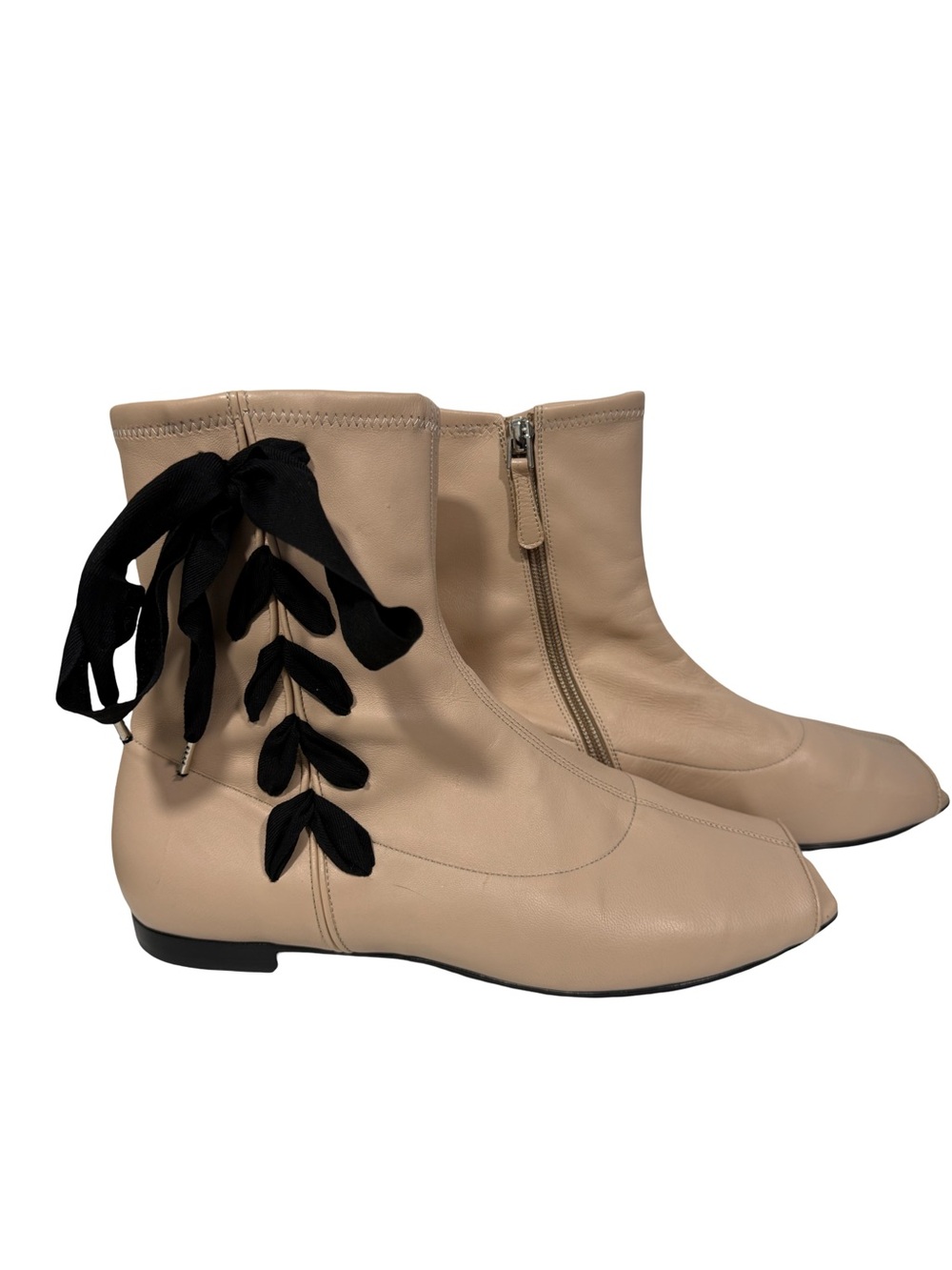Emporio Armani Beige Italian Soft leather ankle Boots with Black Ribbon Detail